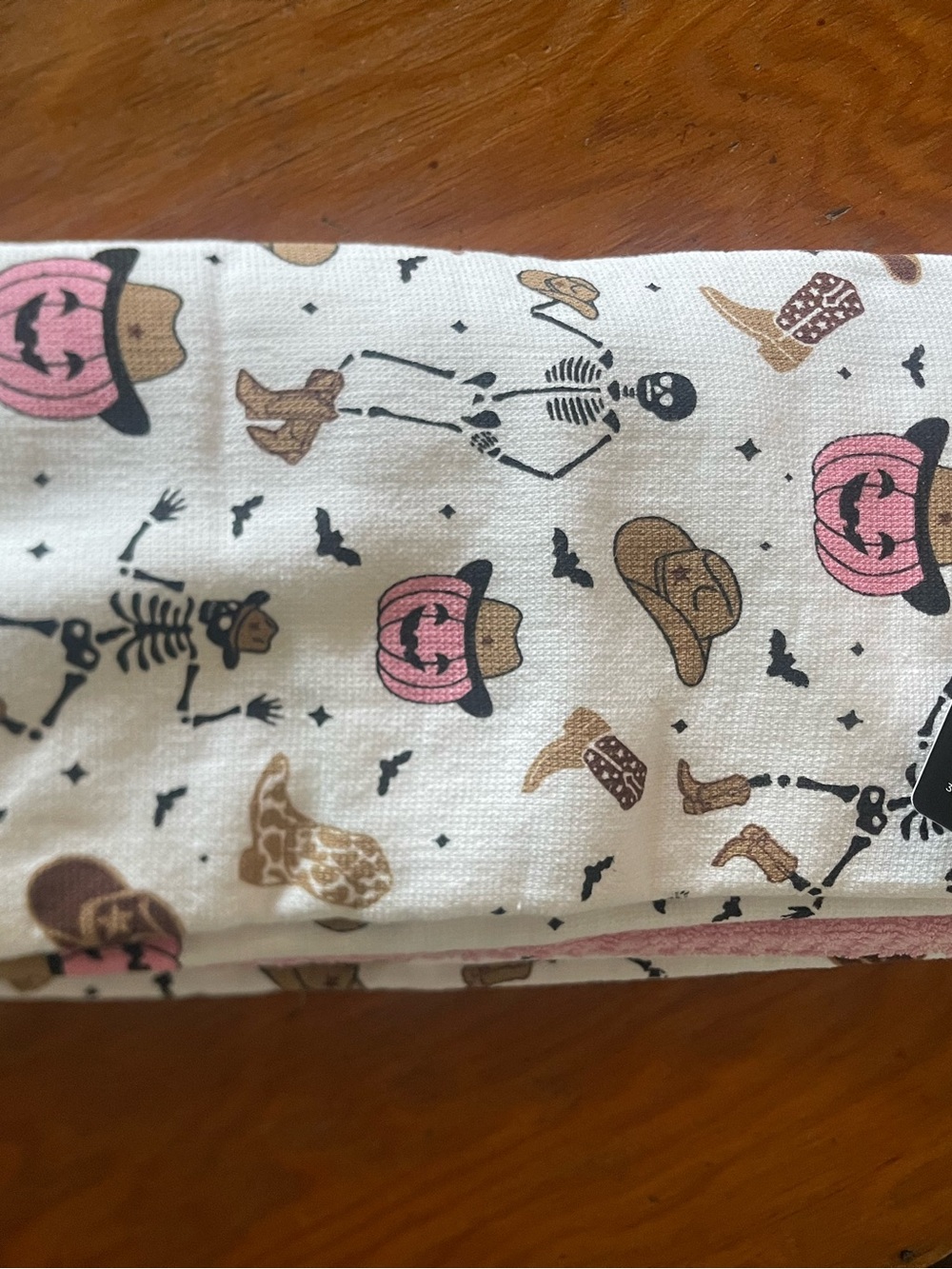 Halloween Cowboy Skeleton Cotton Tea Towel - White, Pink, Brown